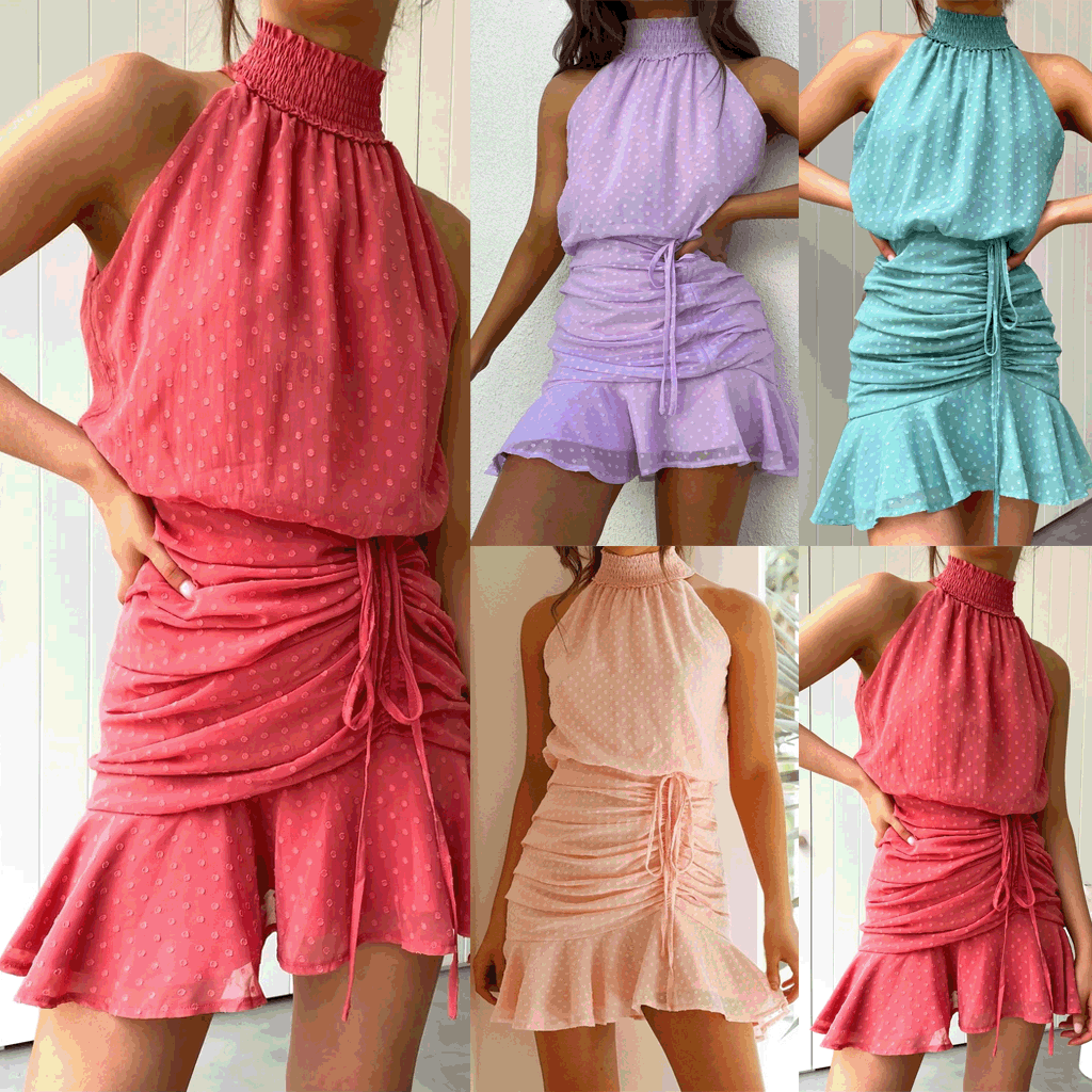 Fresh Sweet Drawstring Halter Chiffon Dress - View 5