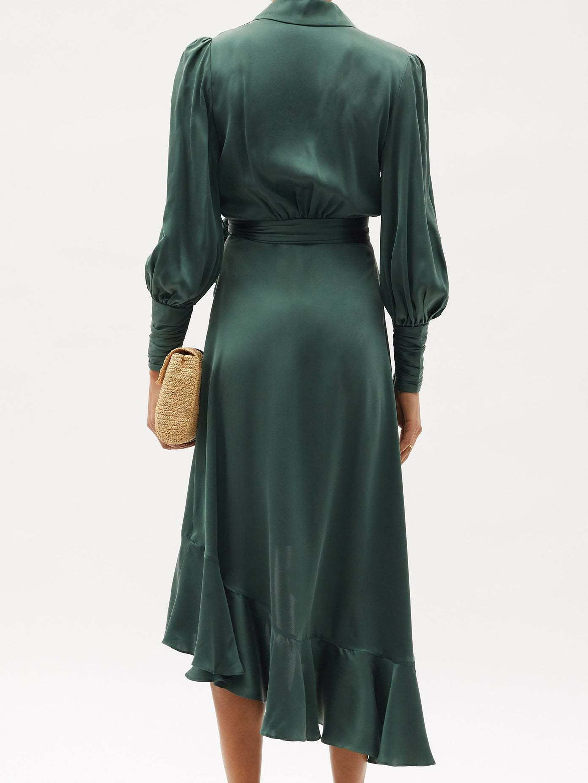 Satin V-Neck Long Sleeve Ruffle Wrap Midi Dress