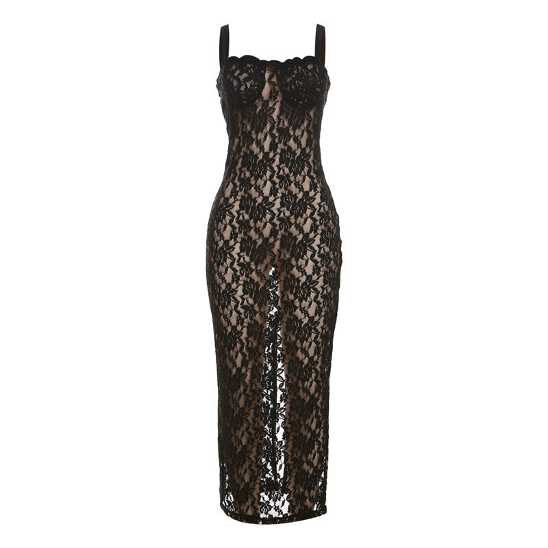 Lace Spaghetti Strap Sweetheart Scalloped Trim Bodycon Maxi Gown - View 5