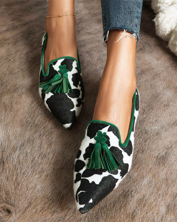 Pointed-toe Fringe Leopard Contrast Mules - Fashionpara
