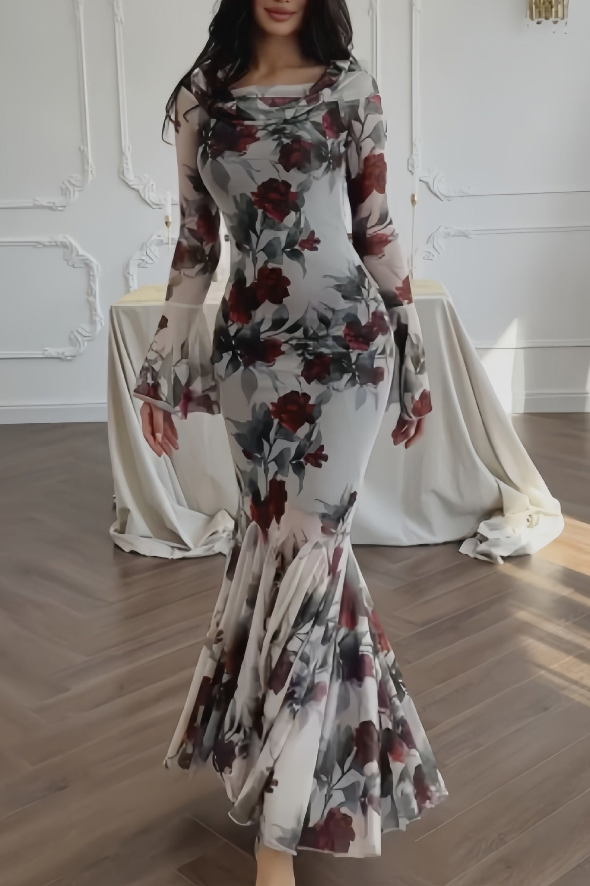 Romantic floral print long-sleeved maxi dress
