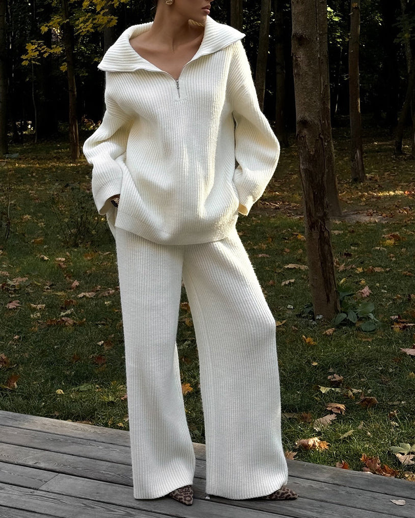 Cozy Lapel half-zip long-sleeved knit top and wide-leg pants set