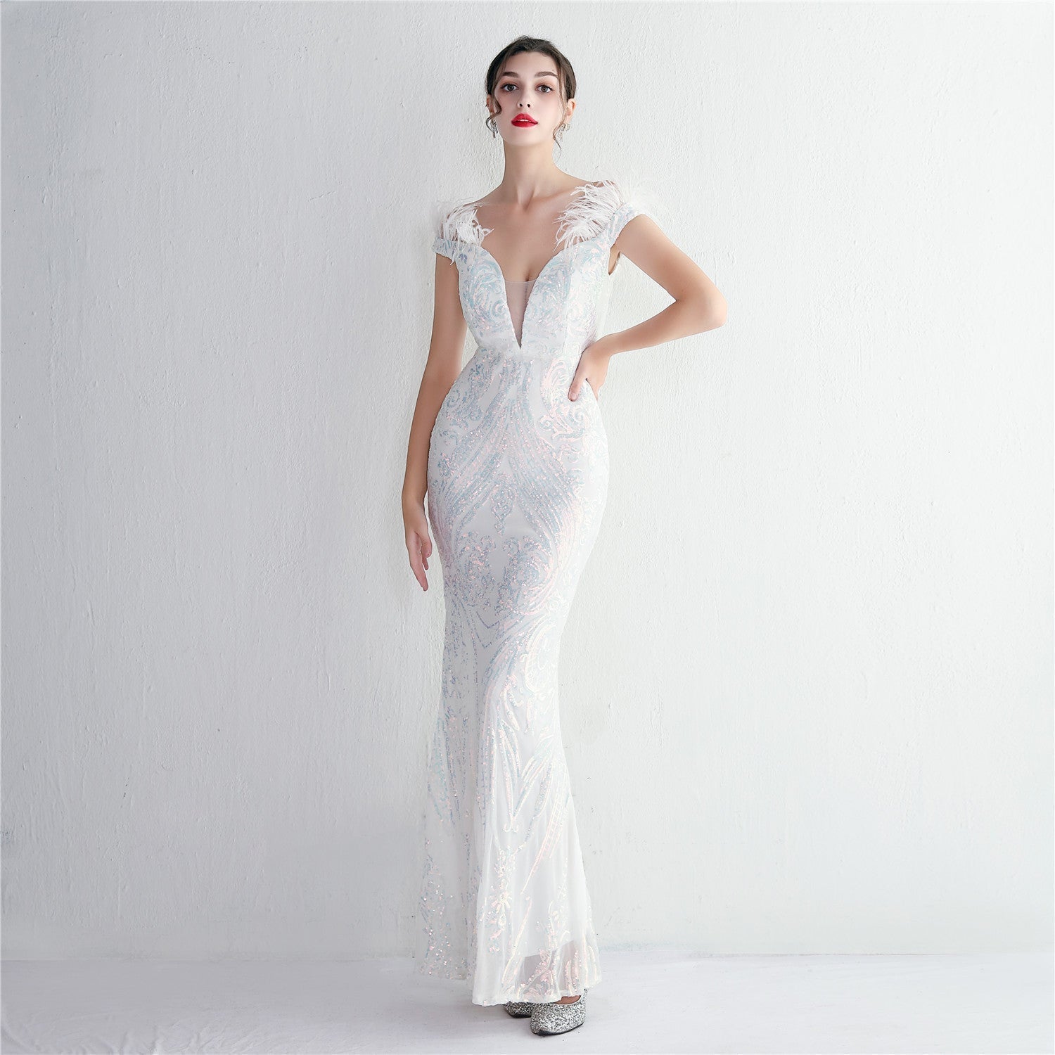 High Density Three Dimensional Strong Sequin Positioning Floral Craft Handmade Wool Cocktail Slim Fit Evening Dress - Fashionpara