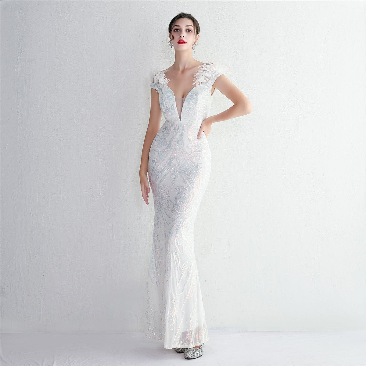 Off Shoulder Feather Deep V-Neck Sequin Mermaid Gown - View 6