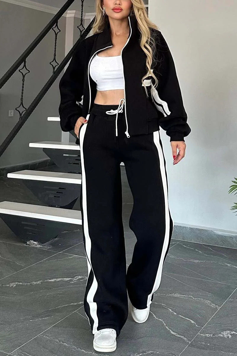 Y2K Striped Zip-Up Cropped Jacket and Pants Set for Style