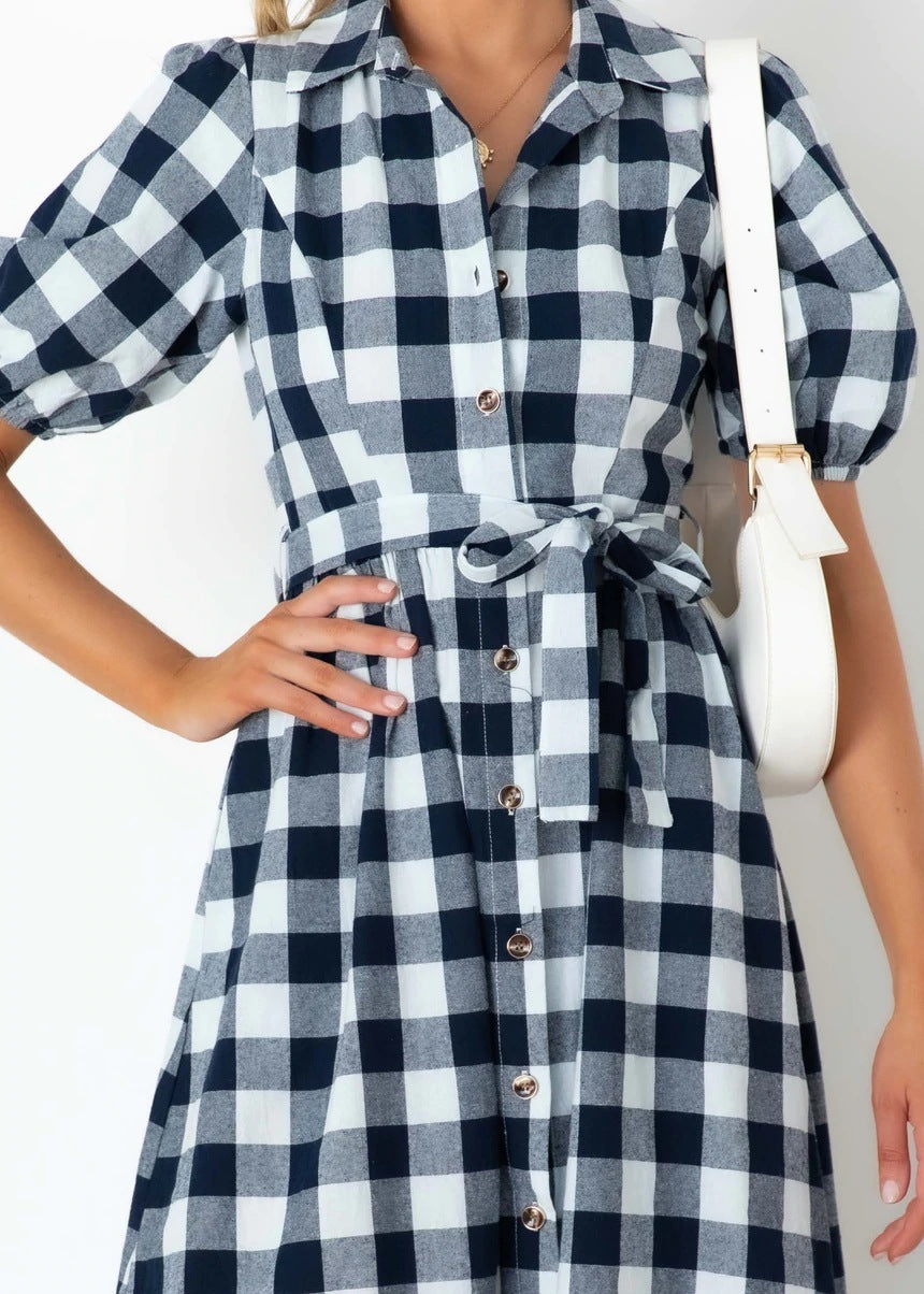 Gingham Collared Puff Sleeve Button-Down Midi Dress