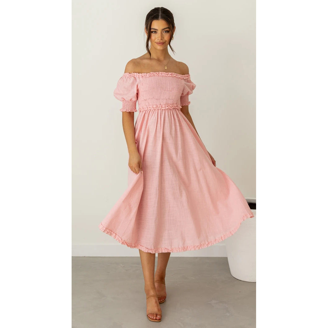 Off Shoulder Smocked Puff Sleeve Ruffle Hem Midi Dress - View 3