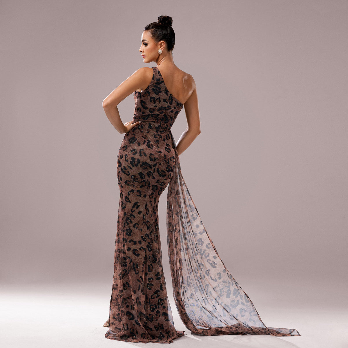 Leopard-Print One-Shoulder Slit Mermaid Gown 5