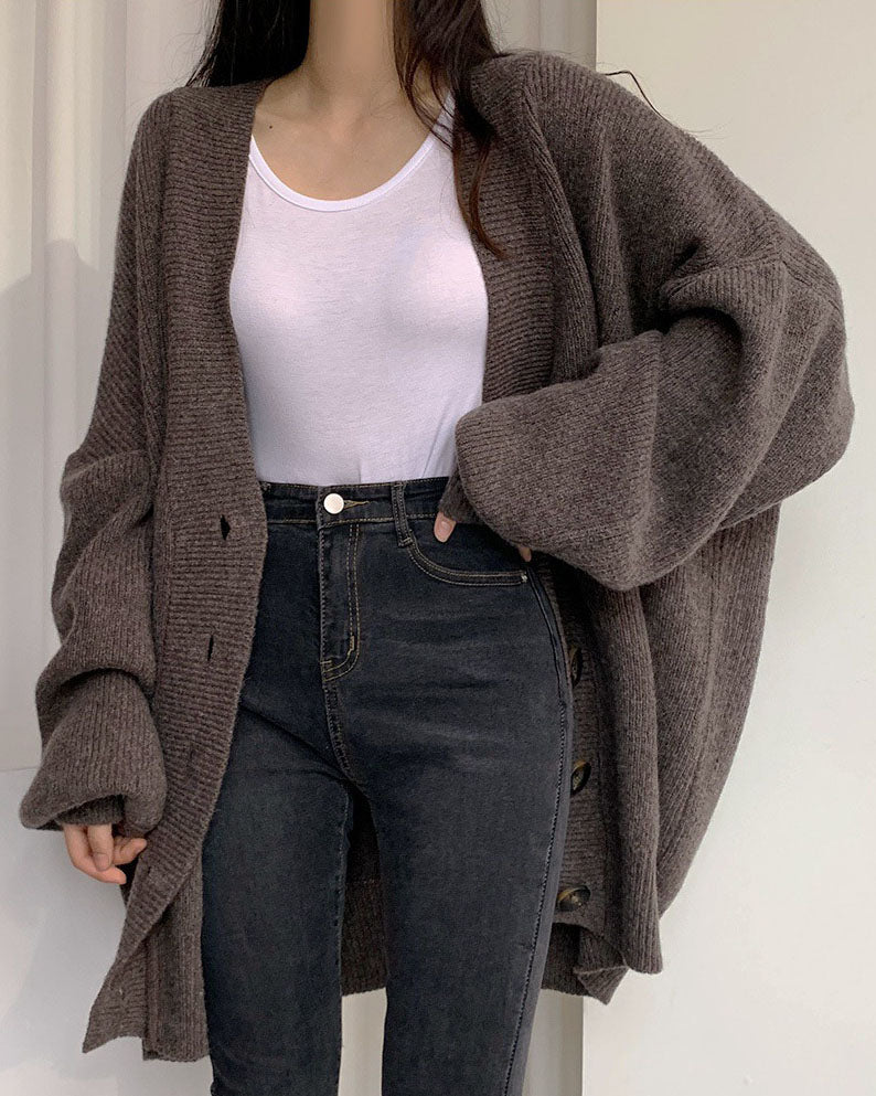 V-neck Loose Lantern Sleeve Knitted Cardigan Sweater