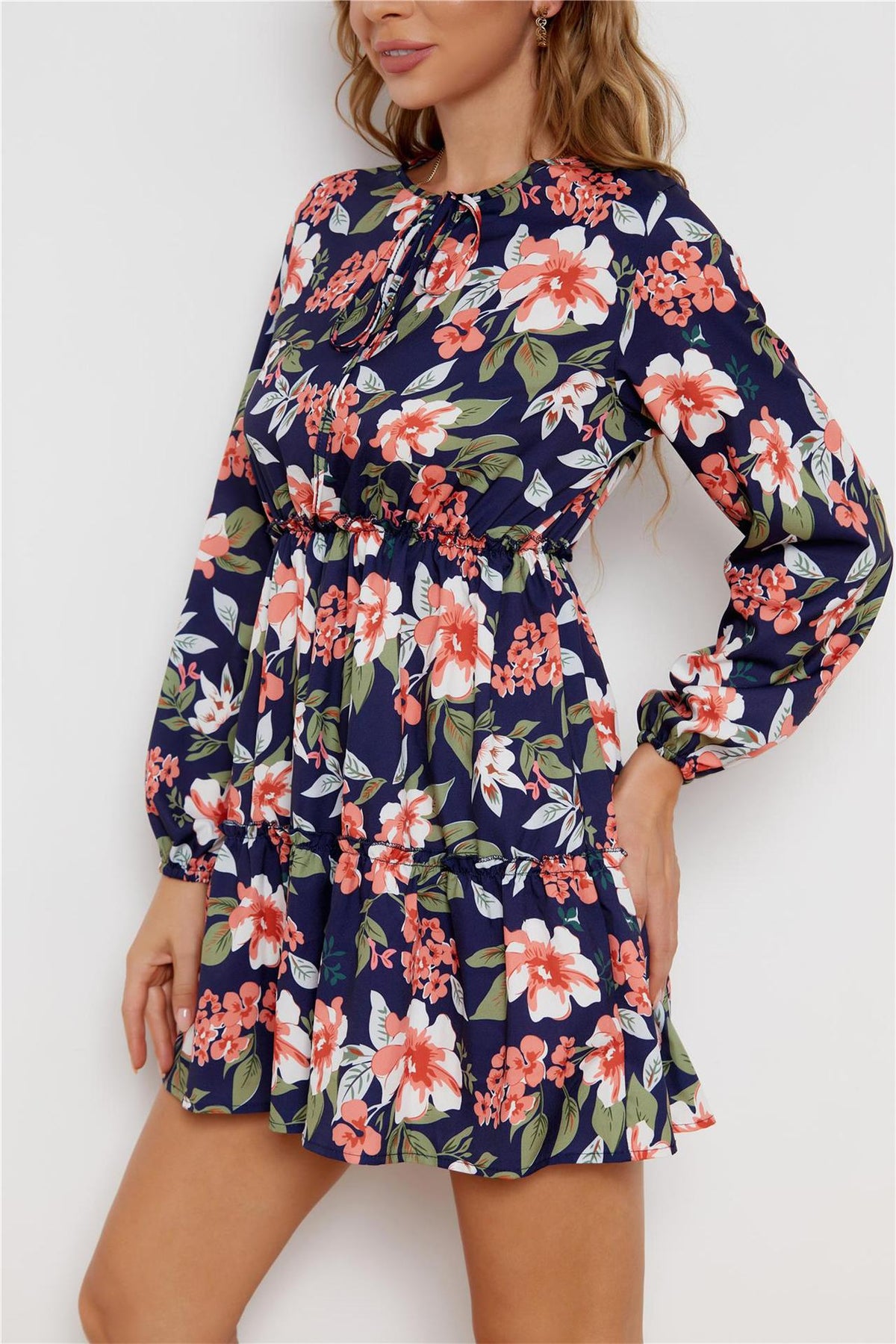 Floral Print Tie Neck Long Sleeve Tiered Mini Dress