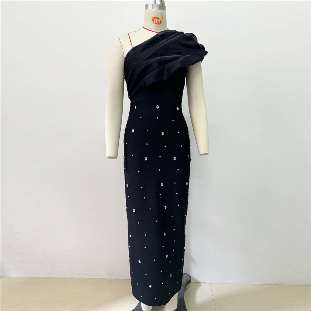 One Shoulder Ruffle Rhinestone Embellished Bandage Column Maxi Gown - View 5