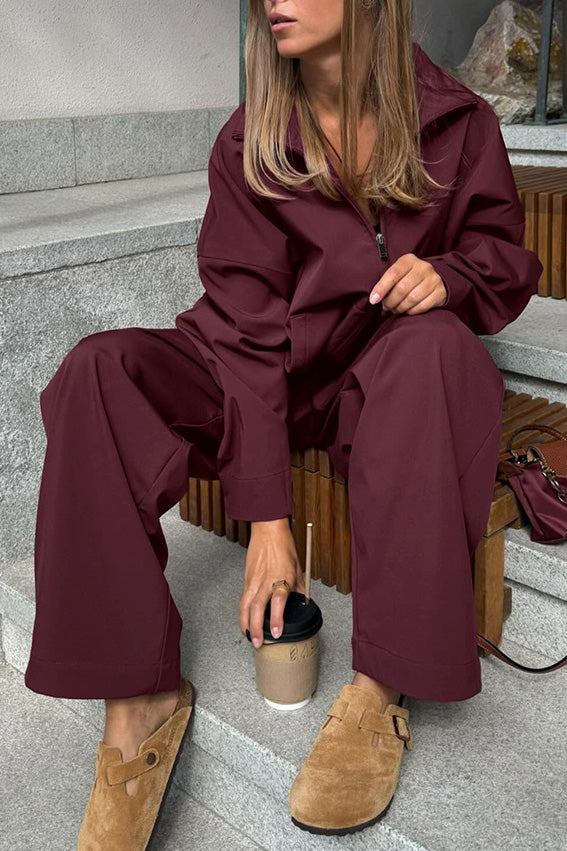 Vintage Burgundy Lapel Trench Coat and Slim-fit Trousers Set