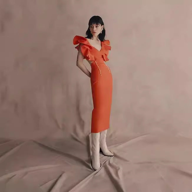 Deep V-Neck Ruffle Sleeve Side Cut Out Pearl Button Bodycon Midi Dress