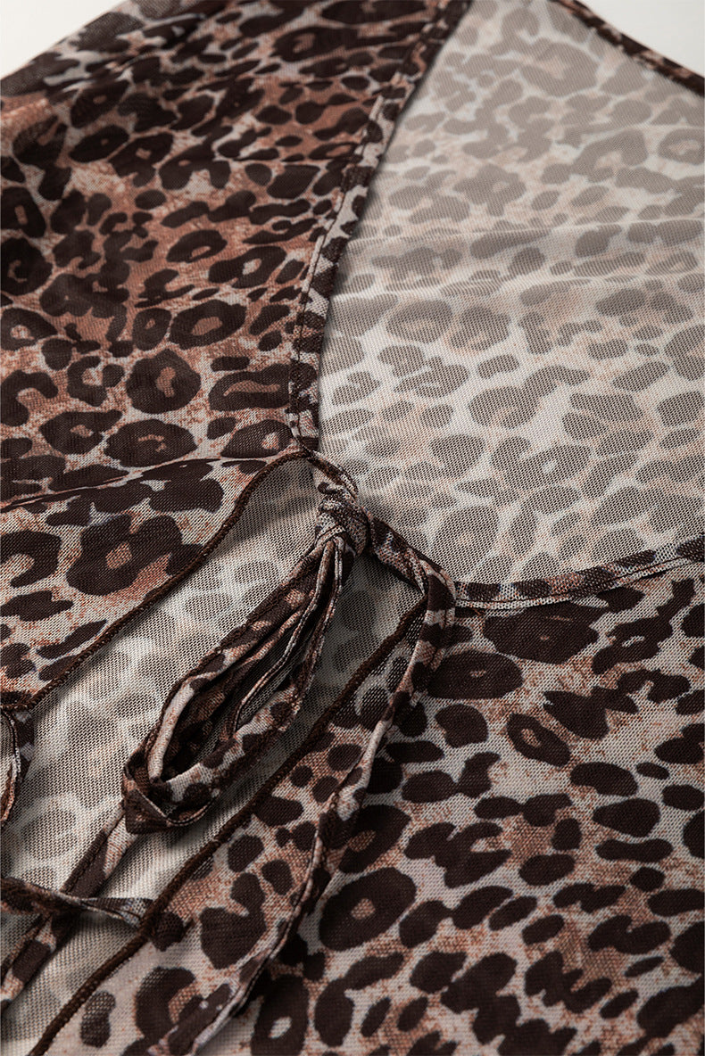 Leopard Print Tie Front Chiffon Long Sleeve Blouse