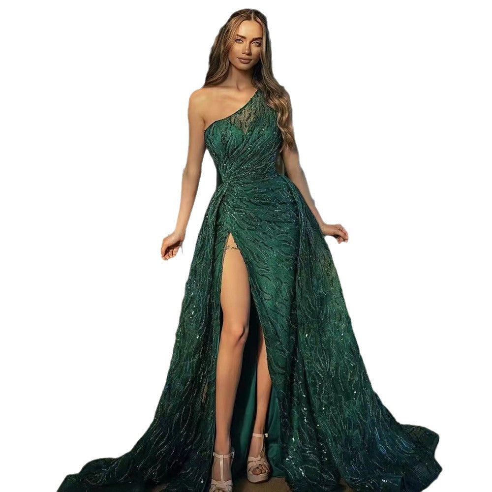 Sequin One-Shoulder High-Slit Overskirt Maxi Gown 7