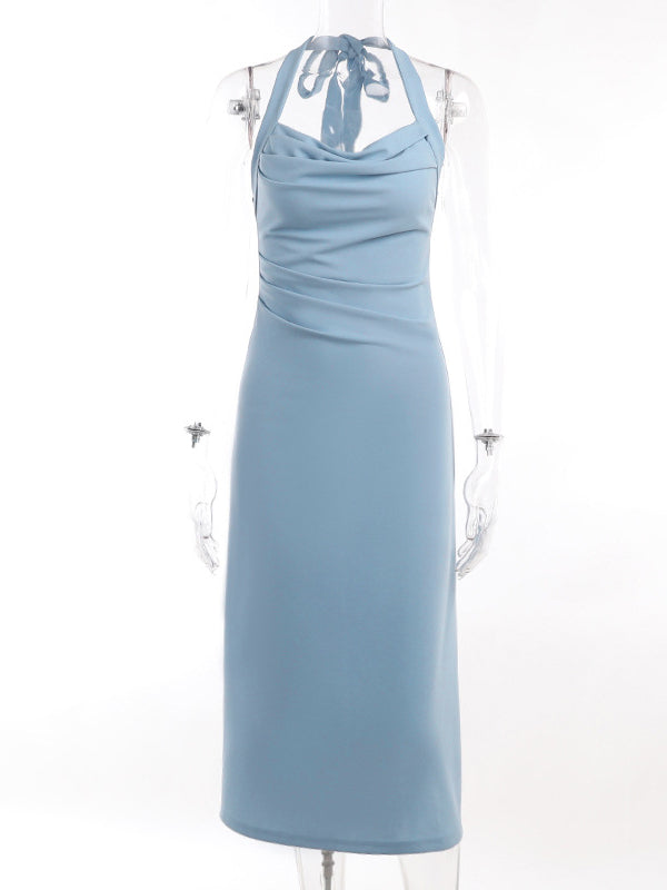 Satin Halter Cowl Neck Ruched Bodycon Maxi Dress 4