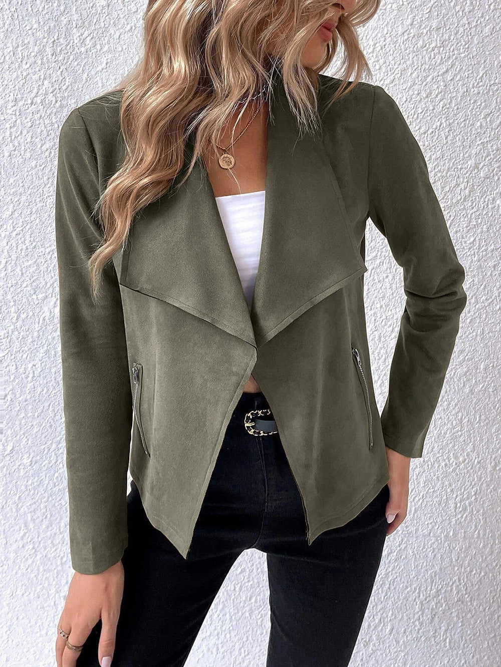 Chic Suede Collar Cropped Long Sleeve Jacket for Stylish Layers