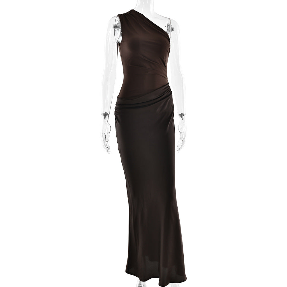 One-Shoulder Ruched Satin Draped Column Maxi Dress 3
