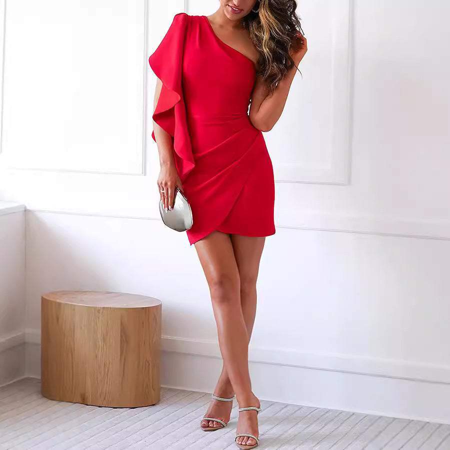 Ruffled One Shoulder Solid Color Cocktail Evening Dress
