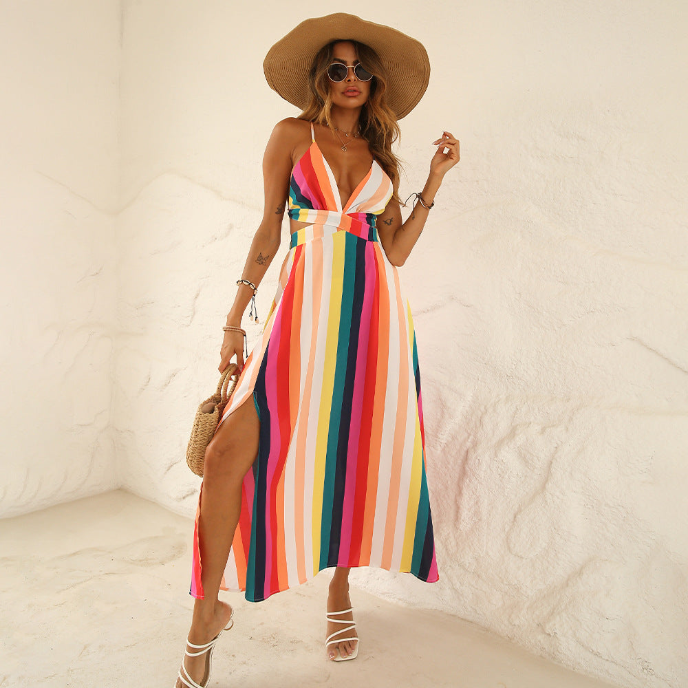 Striped Deep V Halter Neck High Slit Maxi Dress 6