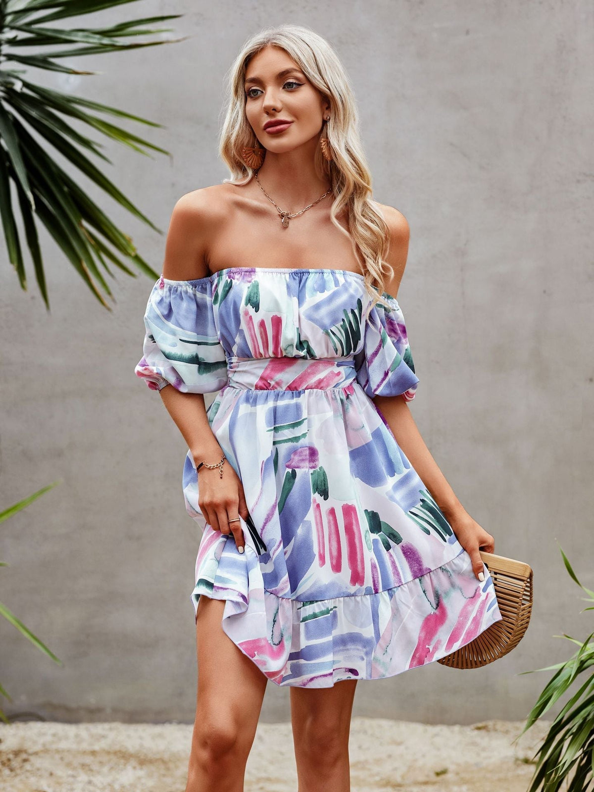 Abstract Print Off Shoulder Puff Sleeve Fit & Flare Mini Dress
