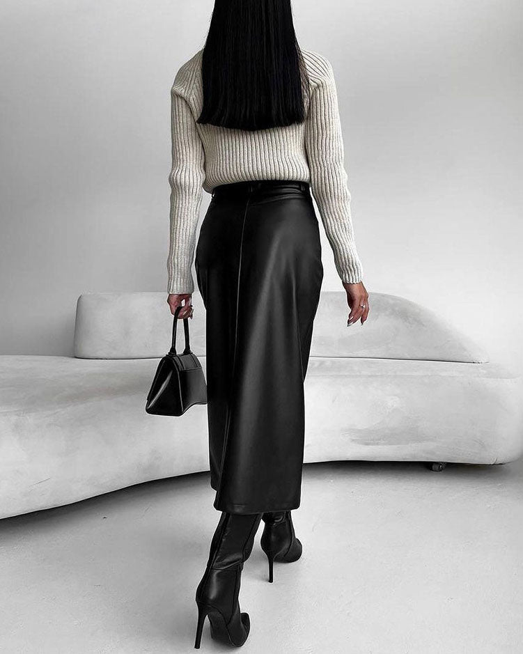 Vintage Front Slit and Lining Faux Leather Skirt