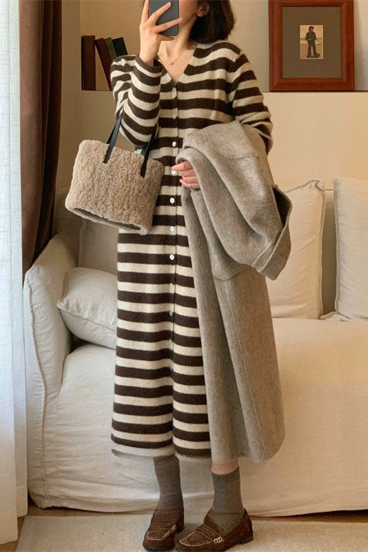 RadyRin V-Neck Striped Knitted Cardigan Dress for Elegance