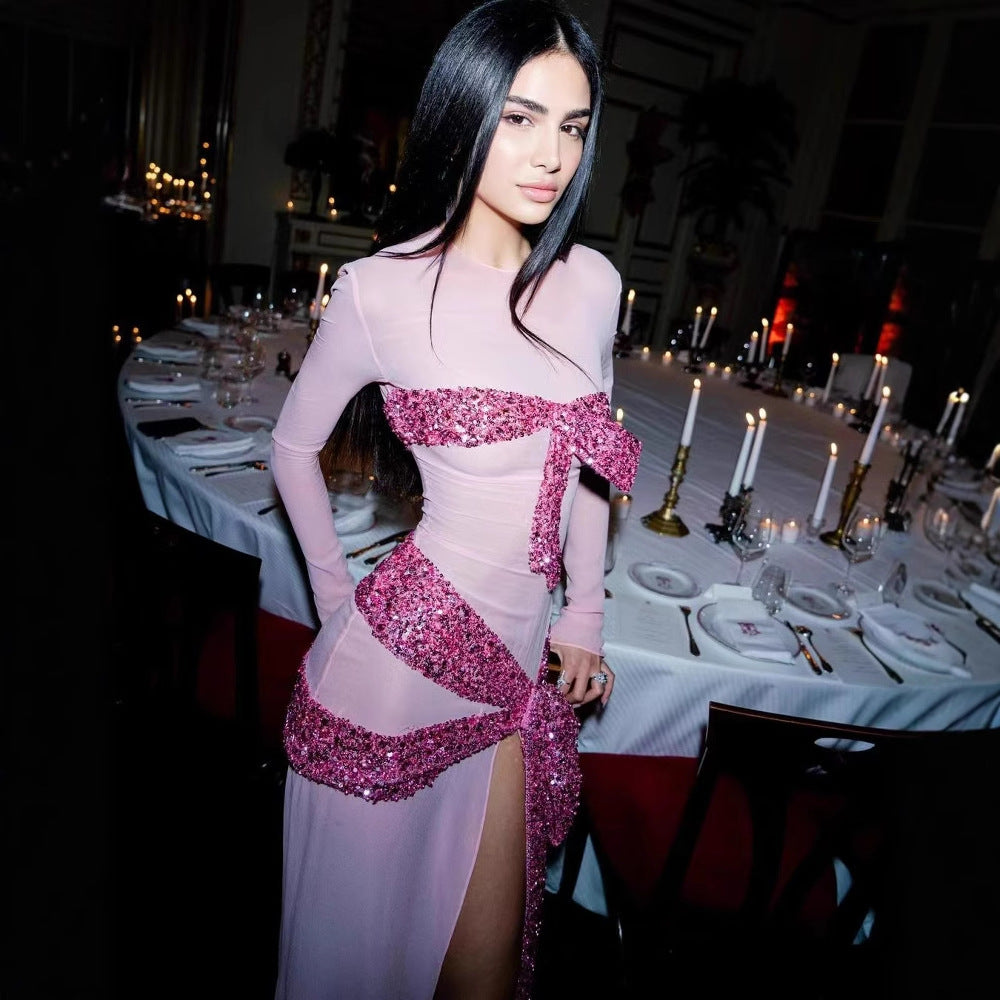 High Slit Sequin Mesh Prom Dress