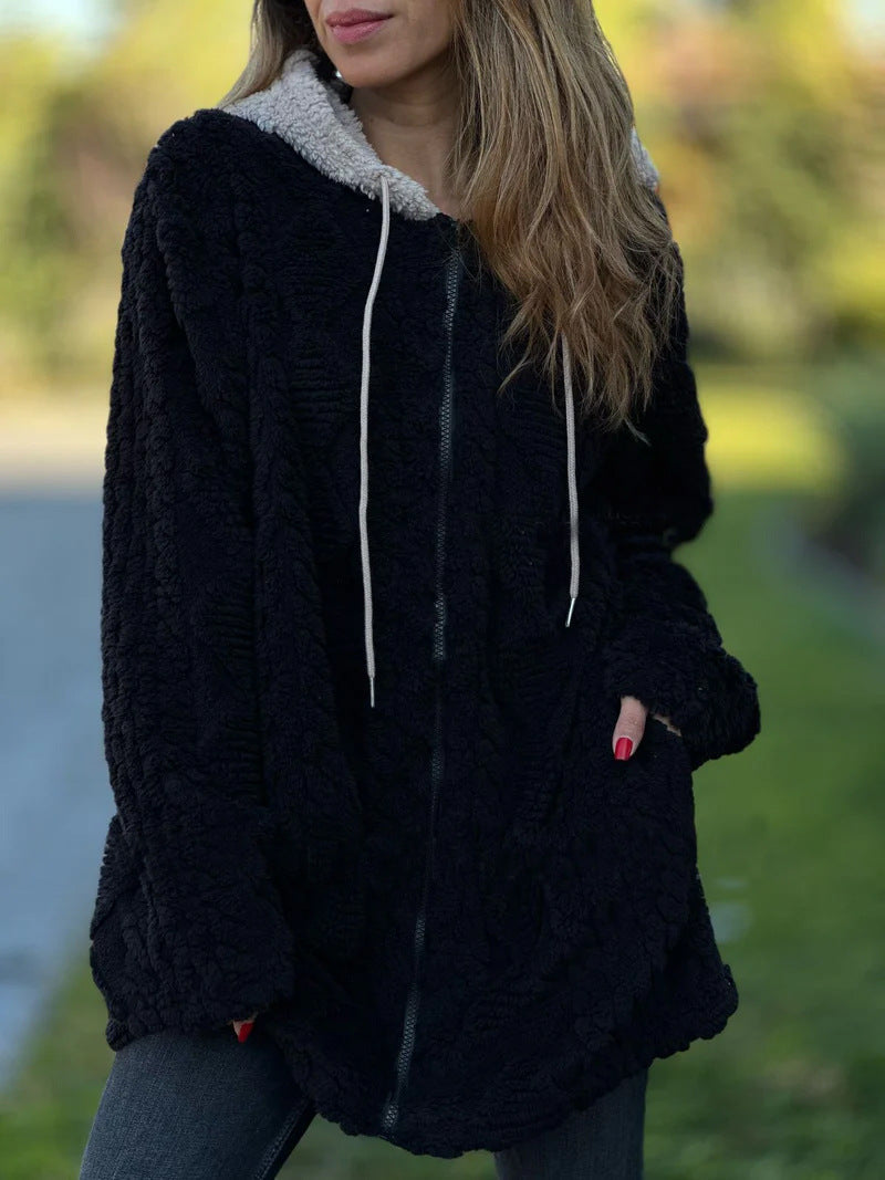 Mid-Length Vintage Hooded Fur Zip-Up Knitted Coat for Comfort