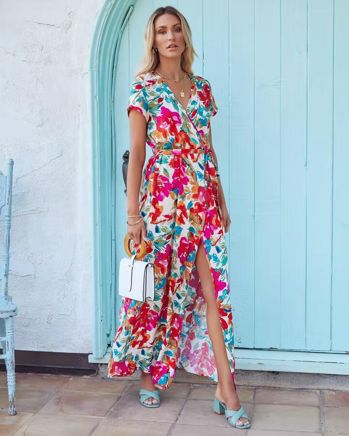 Floral Print V-Neck Short Sleeve Wrap Maxi Dress