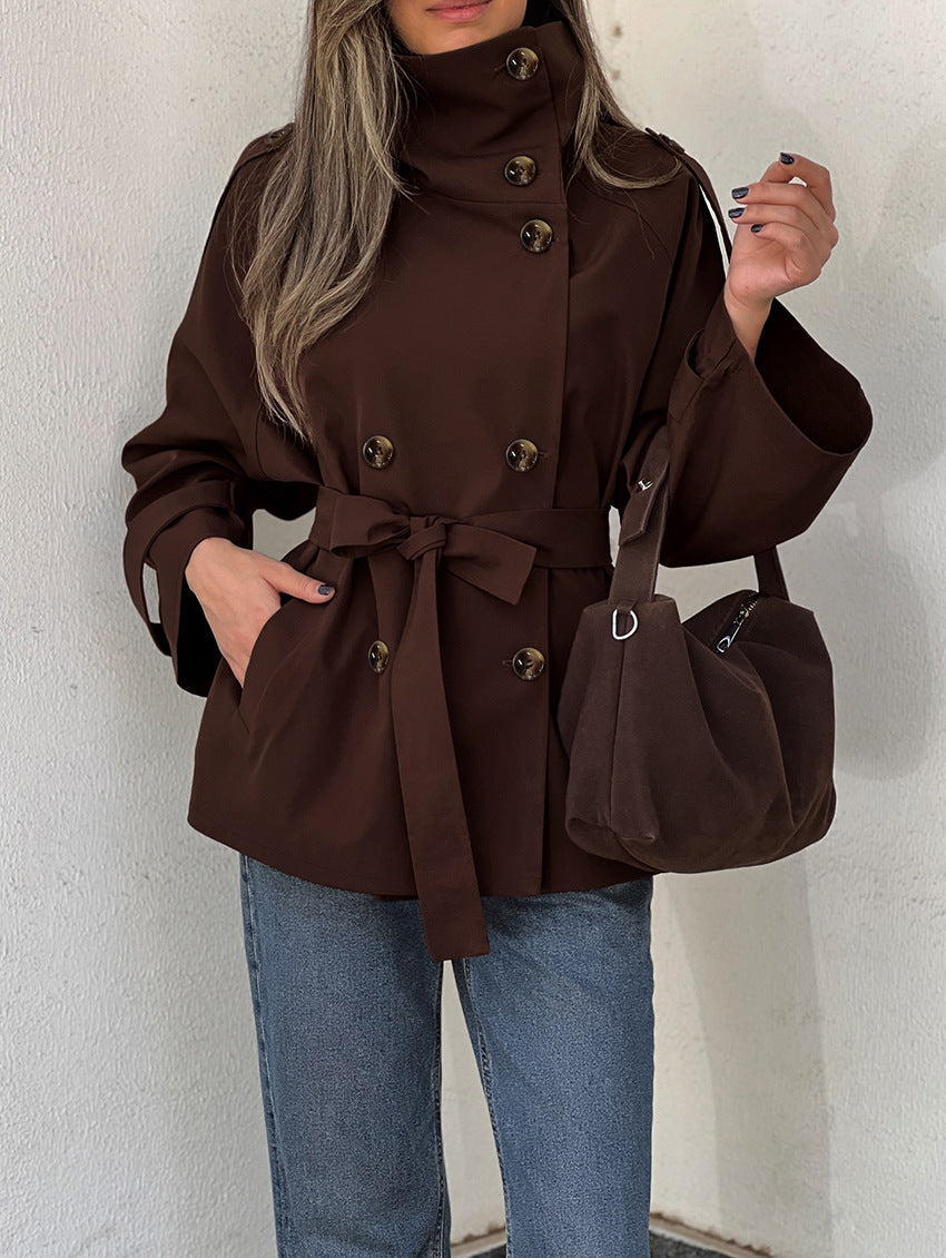 Turtleneck Double Breasted Waist Tie Coat