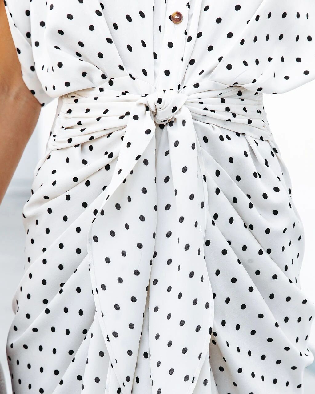 Polka Dot Collared Short Sleeve Tie Front Shirt Dress