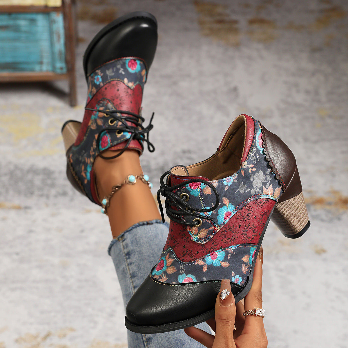 Retro ethnic thick high heels ankle Martin boots - Fashionpara