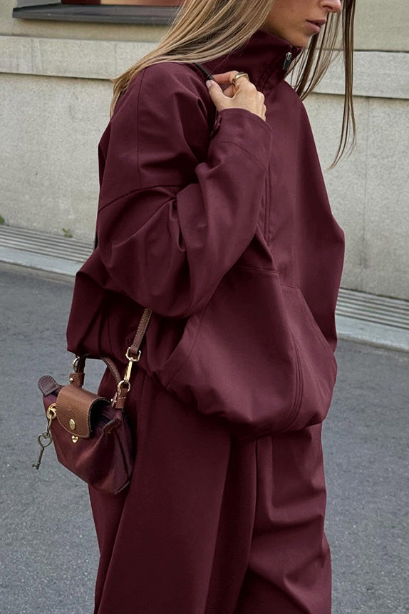 Vintage Burgundy Lapel Trench Coat and Slim-fit Trousers Set