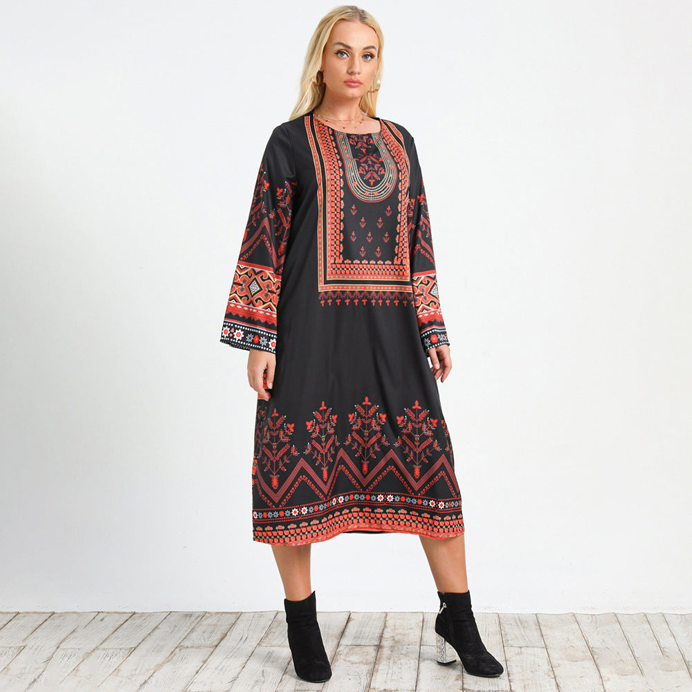 Boho Print Crew Neck Long Sleeve Shift Midi Dress