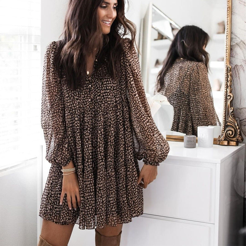 Printed V-Neck Long Sleeve Tiered Mini Dress