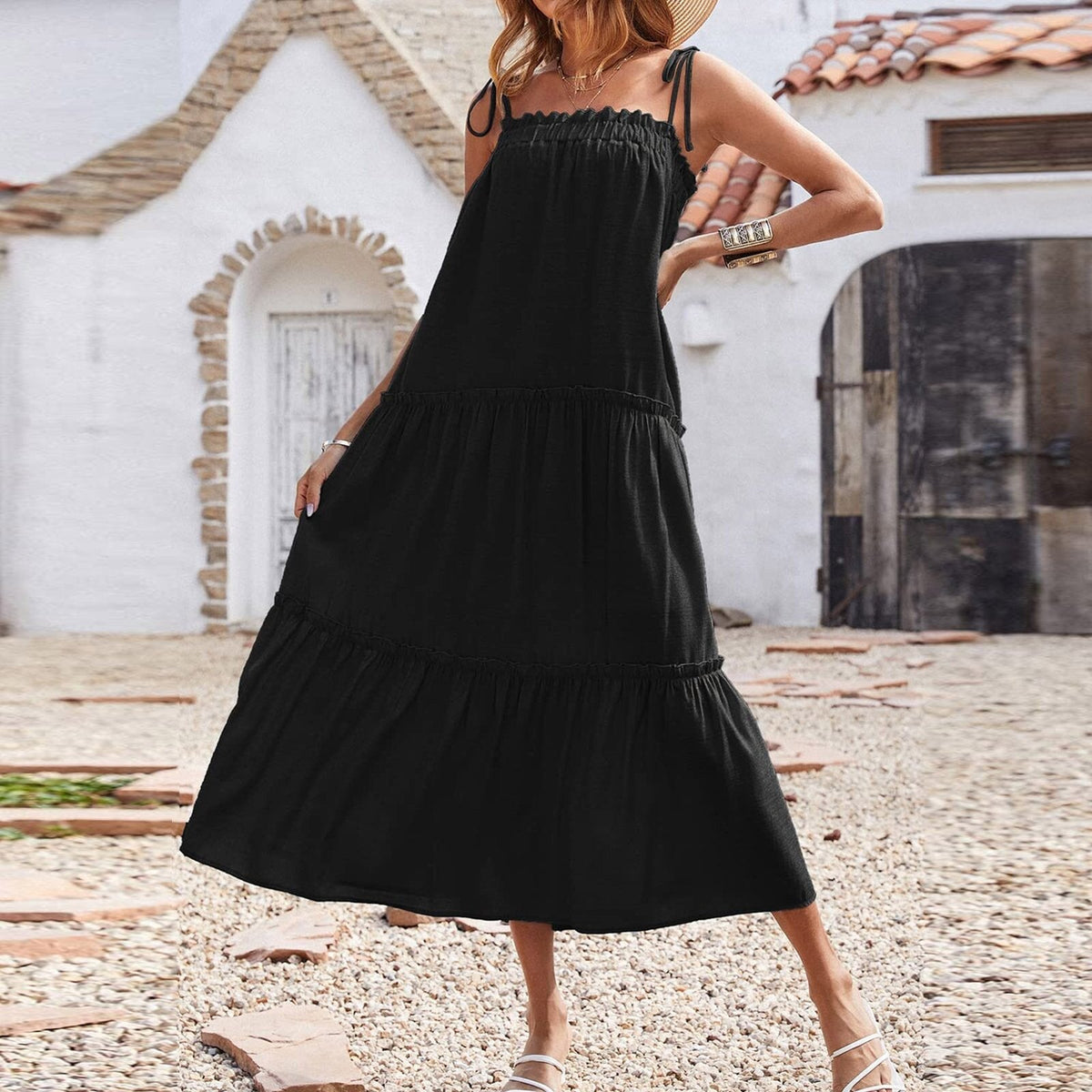 Square Neck Sleeveless Tiered Cami Maxi Dress