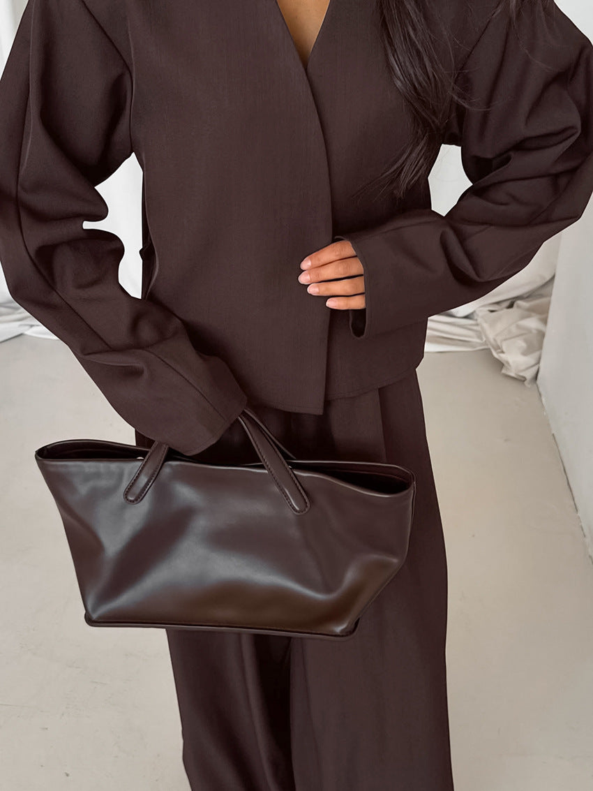 Chic V-Neck Coat and Loose Trousers Two-Piece Set