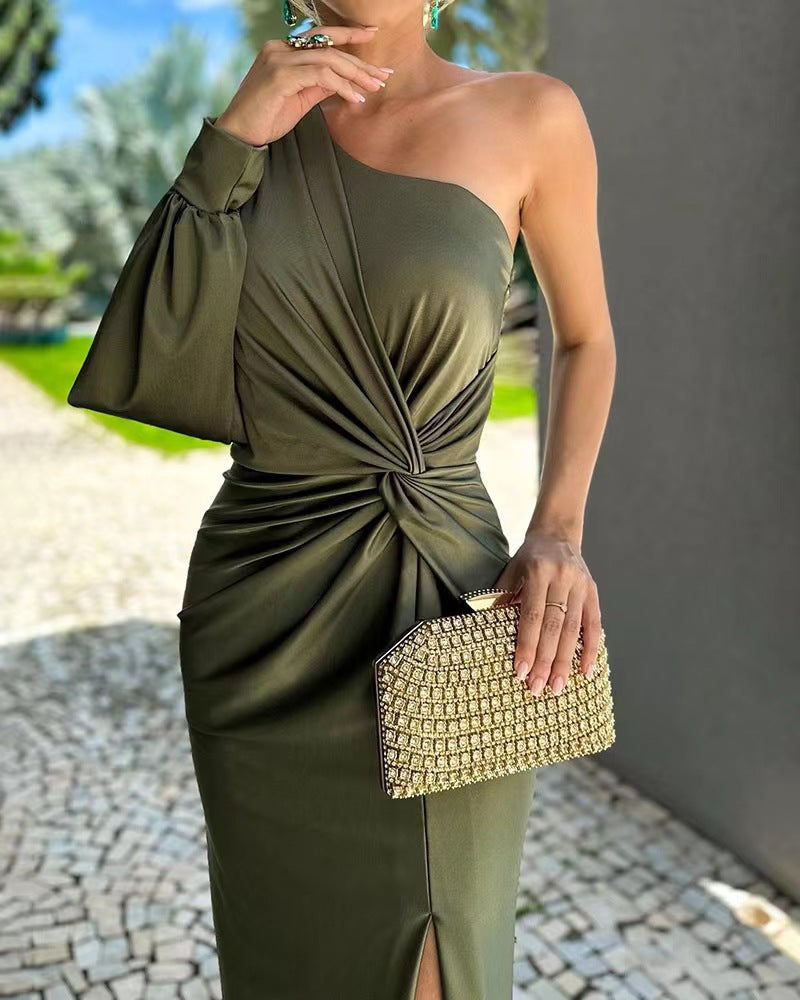 One Shoulder Long Puff Sleeve Twist Front Ruched High Split Midi Dress