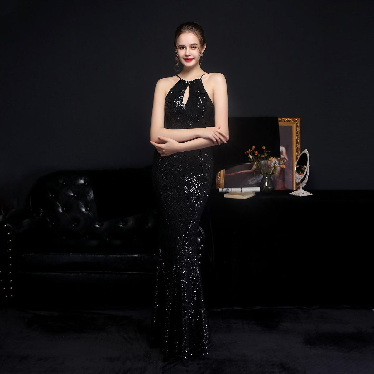Halter Neck Keyhole Beaded Sequin Mermaid Gown - View 5