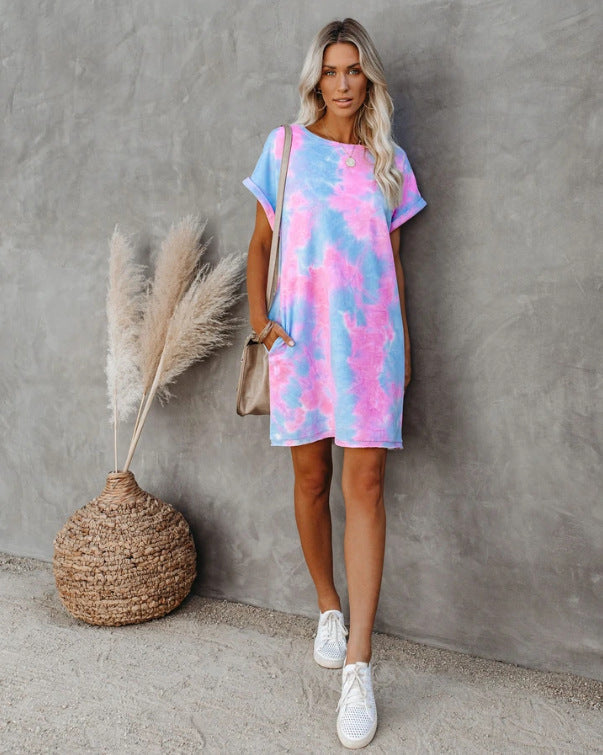Tie-Dye Crew Neck Short Sleeve Pocket Shift Mini Dress