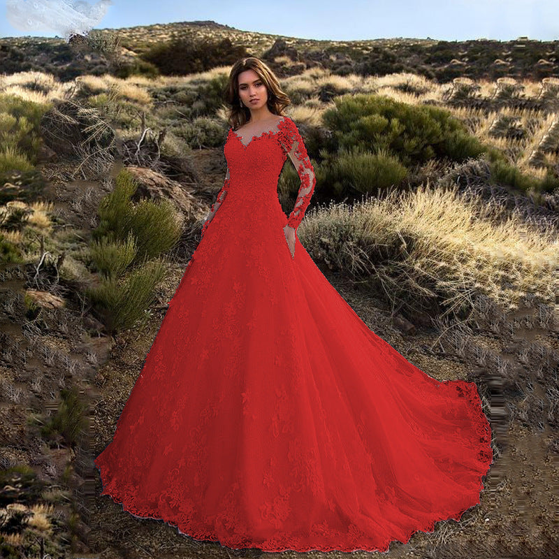 Long Sleeve Solid Color See through Lace Bridal Wedding Dress - View 6