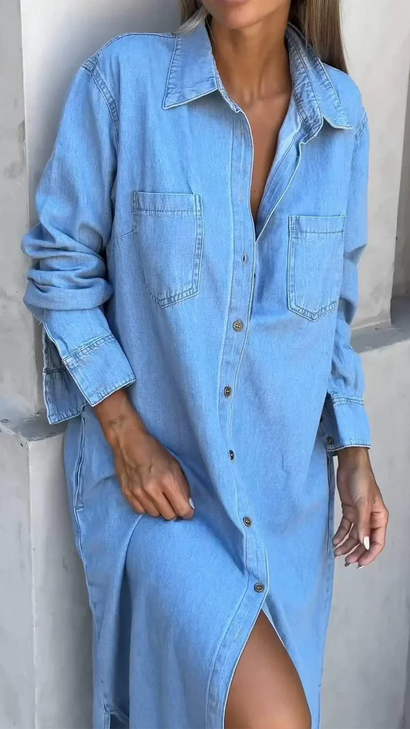Lapel Cardigan Long Sleeve Denim Maxi Dress for Elegance