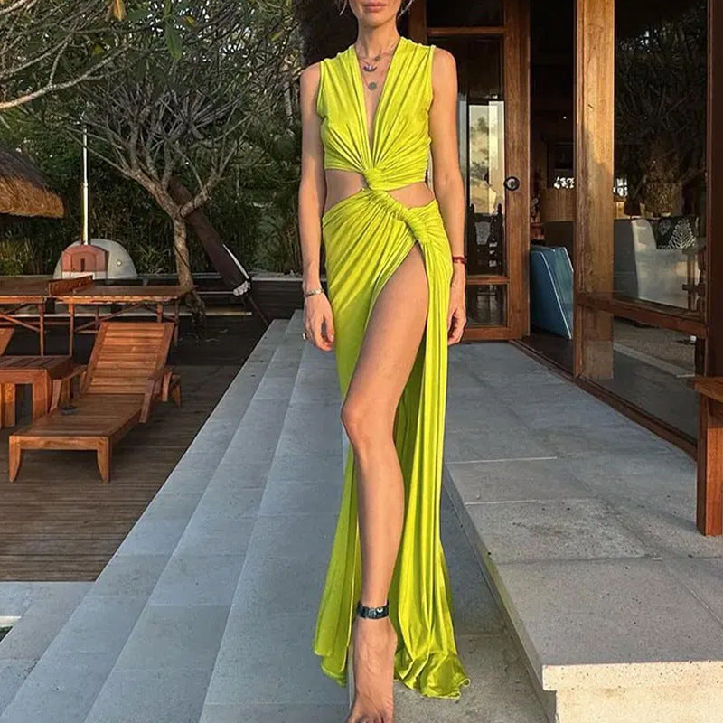 Cut Out Slit Hem V Neck Bodycon Irregular Maxi Dress