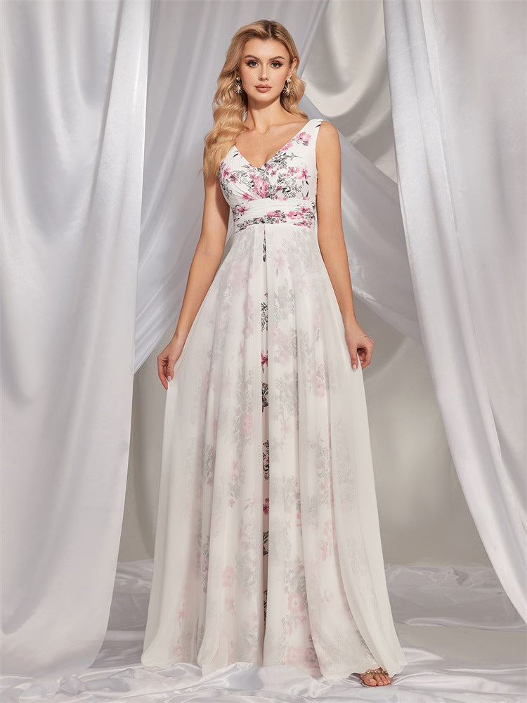 Chiffon White V Collar Printed Dress Slim Fit Maxi Dress Cocktail Evening Dress Bridesmaid Dress for - Fashionpara