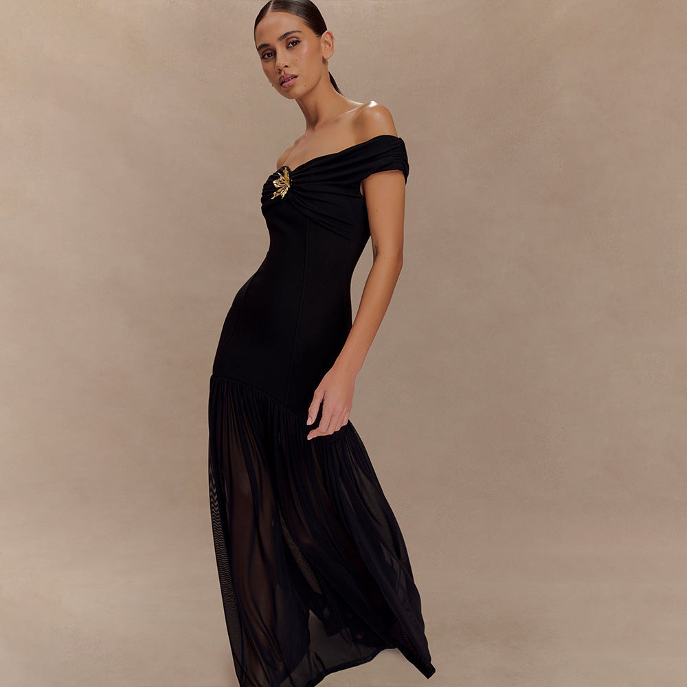 Off-Shoulder Brooch-Detail Pleated-Hem Maxi Dress 2