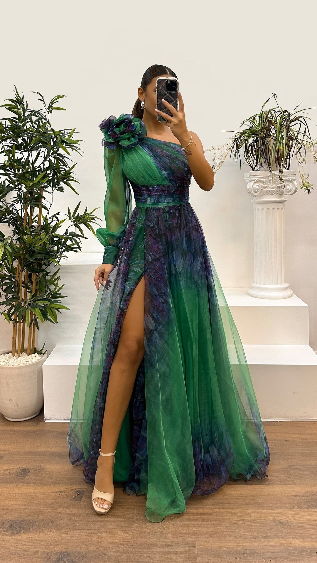 Floral design on the shoulder One-shoulder mesh print evening gown dress