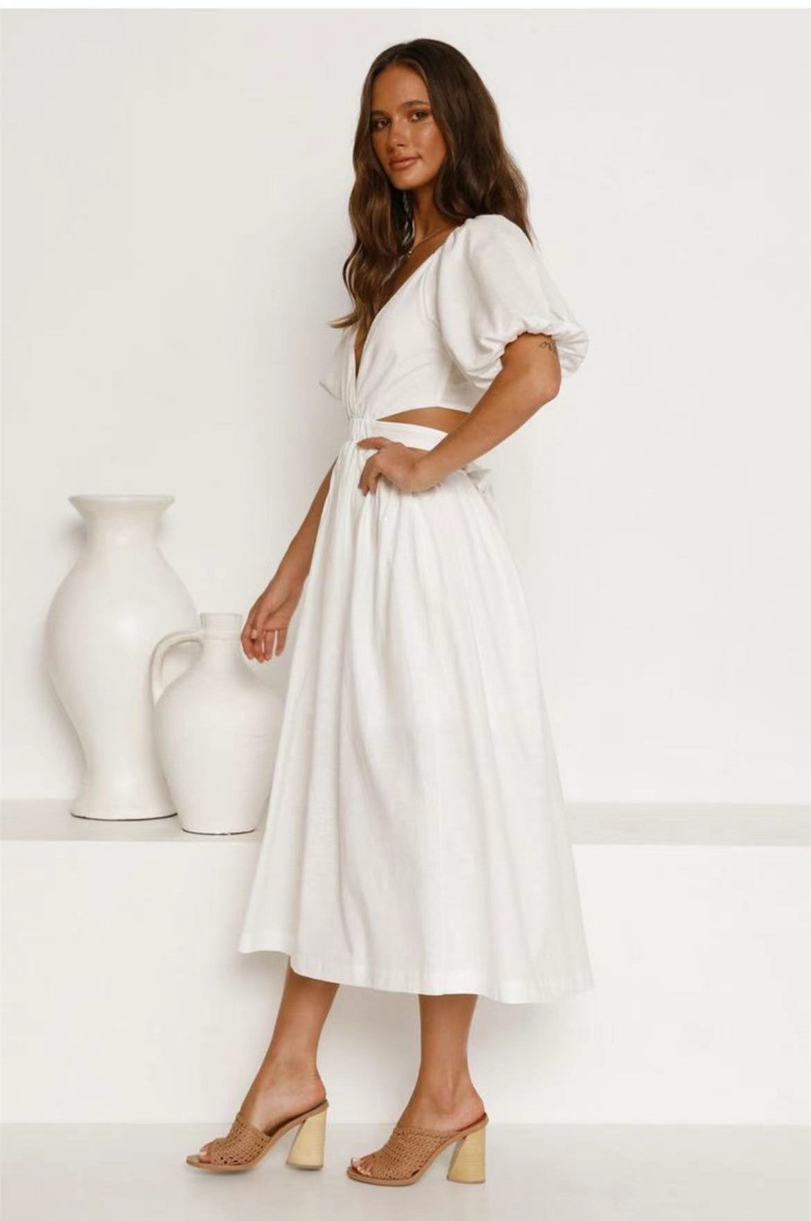 Cute Belted Puff Sleeve Cutout Beach Vacation Midi Dress - White
