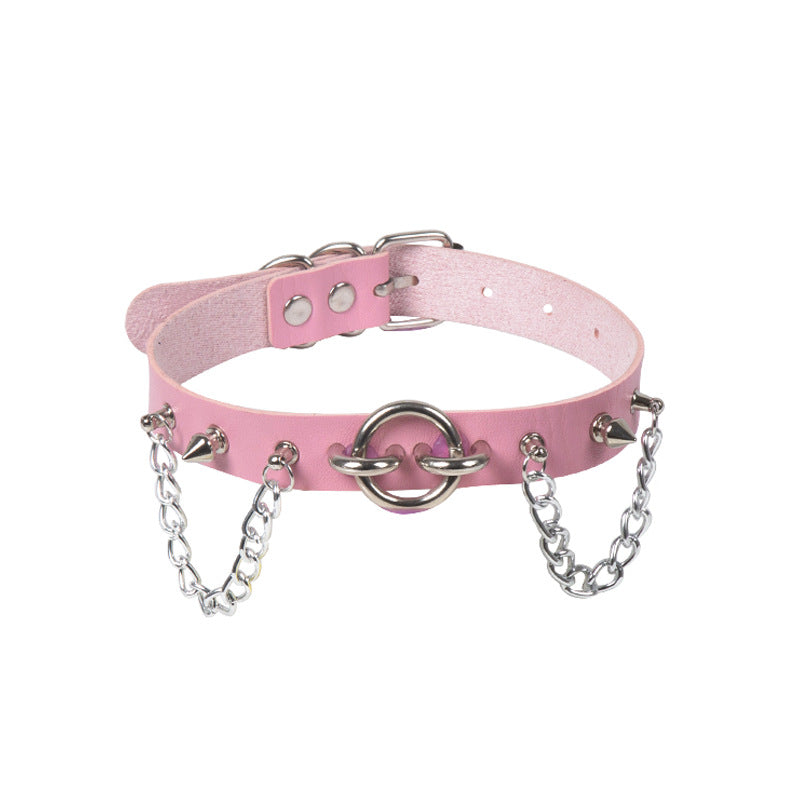 Personality O-Ring Rivet Chain Punk Leather Gothic Necklace Pink Halloween