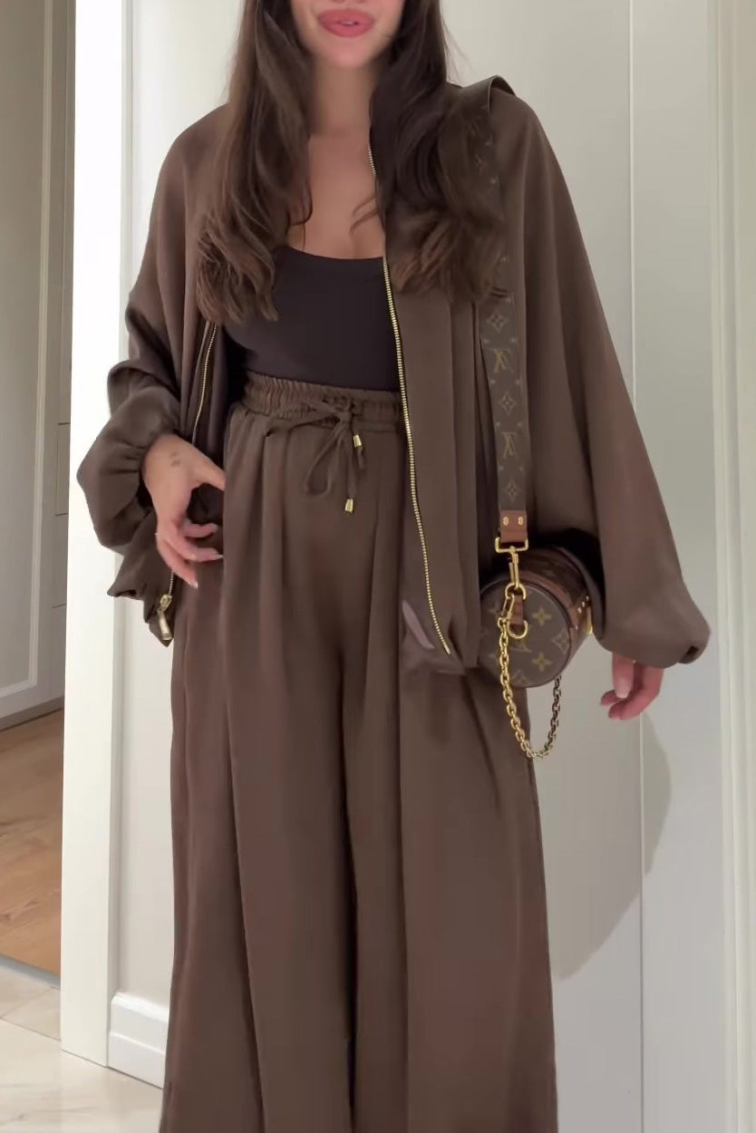 Lantern-Sleeve Zipper Jacket & Wide-Leg Pants Set